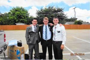 Grant with his Trainer, Elder Barnette, as he leaves for home, and with his Trainee, who is just arriving from the CCM (Note luggage and bike in a box) Elder Kreamer